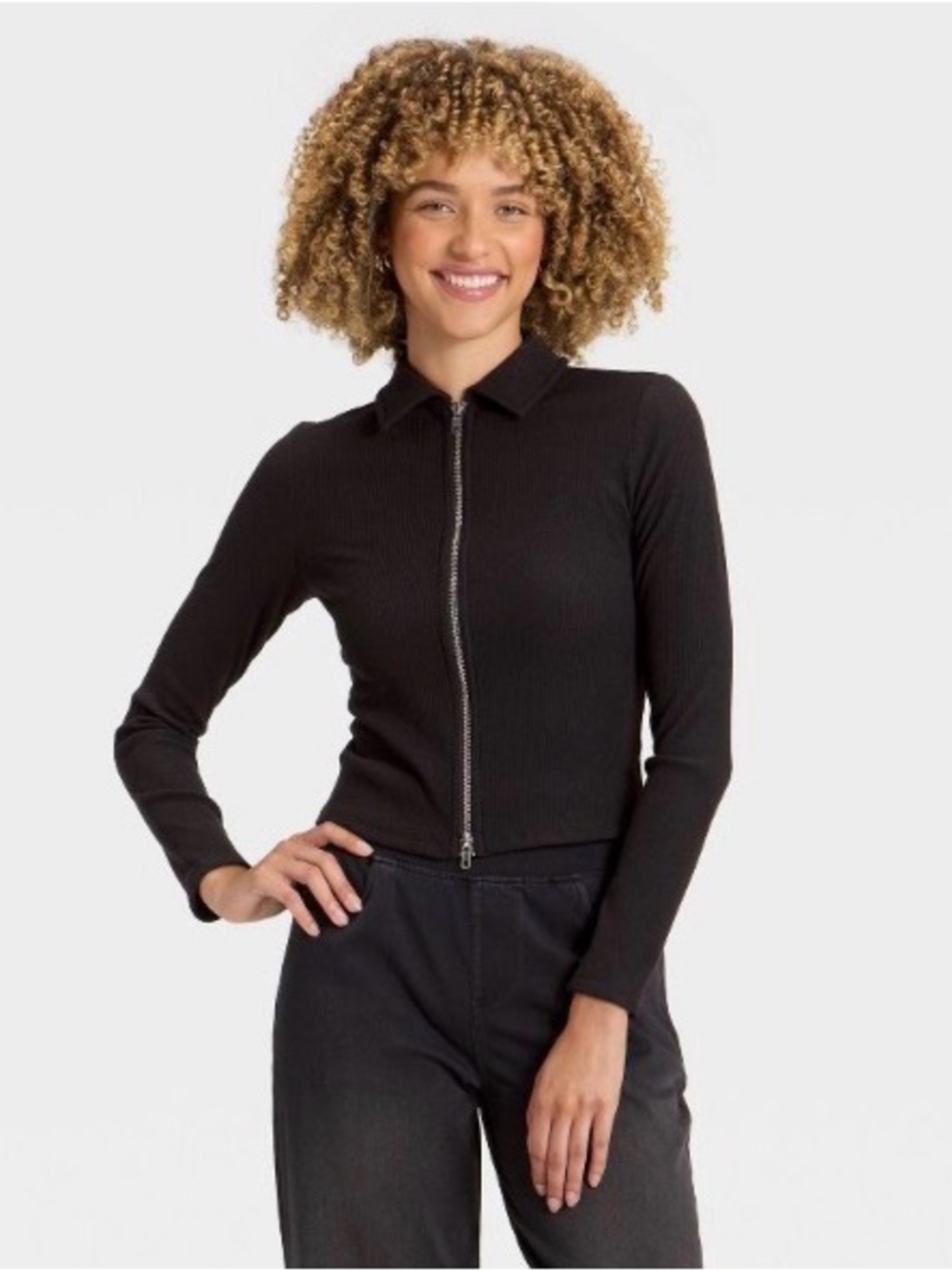 Women's Long Sleeve Brushed Ribbed Polo Zip-Up Jacket - A New Day™ Black Small